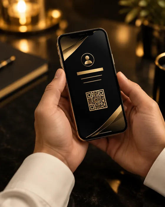 Mani che tengono uno smartphone con un biglietto da visita digitale nero e oro